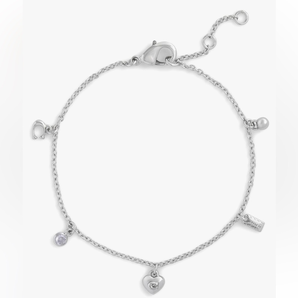 Coach Silver Charm Bracelet with Heart and Rhinestone Accents